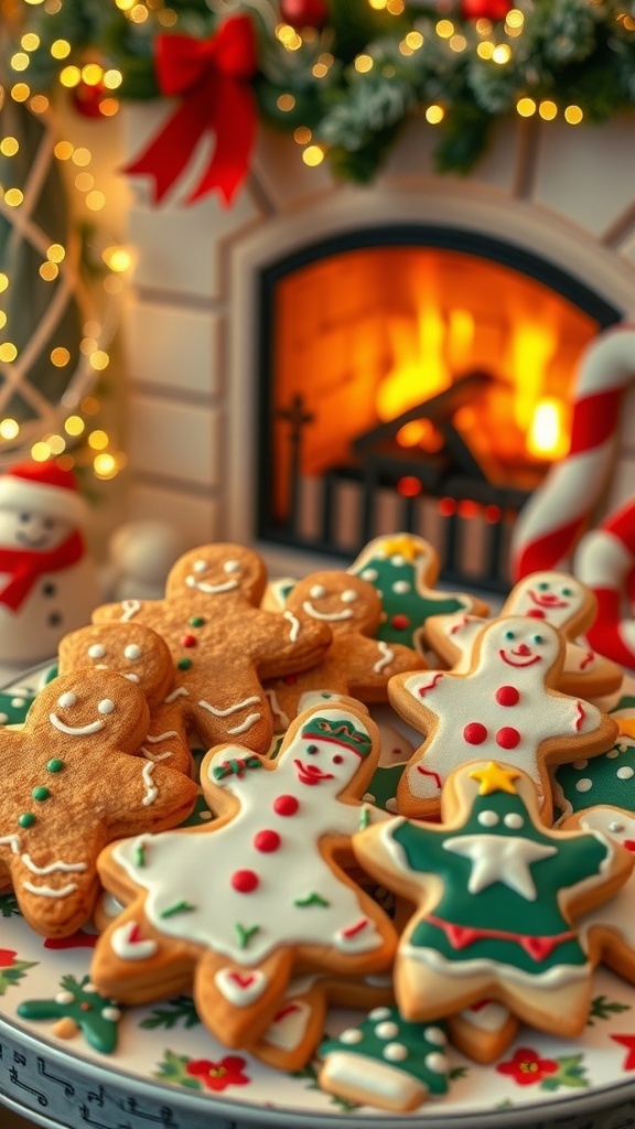 A colorful assortment of Christmas cookies on a platter, with gingerbread men and decorated sugar cookies, set against a festive backdrop.